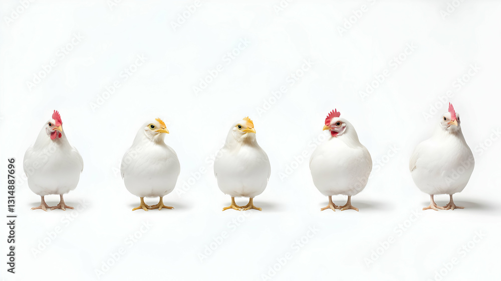 Five Cartoonish White Chickens in a Row on White Background Five Cartoonish White Chickens in a Row on White Background