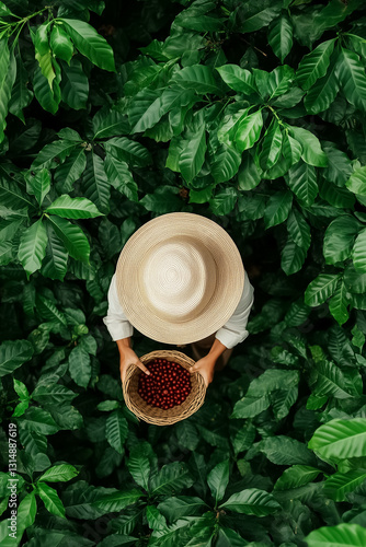 A worker is carefully handpicking ripe coffee berries, adorned with a straw hat. Surrounded by vibrant green plants, the basket tied to their waist fills with nature's bounty