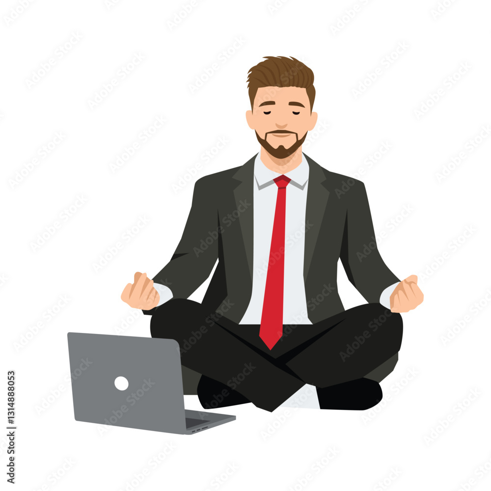 Businessman Meditating with Laptop finding balance and relaxation while working on his laptop. Flat vector illustration isolated on white background Businessman Meditating with Laptop finding balance and relaxation while working on his laptop. Flat vector illustration isolated on white background