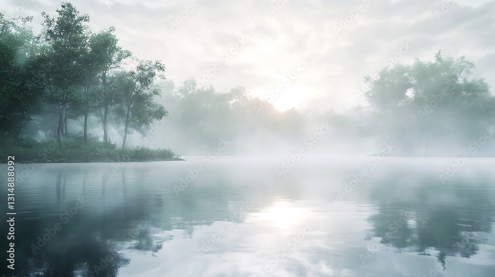 A serene landscape featuring a misty lake surrounded by trees at dawn. A serene landscape featuring a misty lake surrounded by trees at dawn.