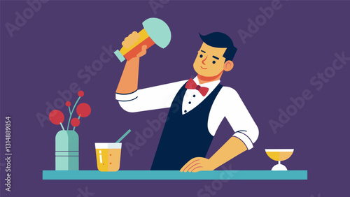 With a flick of the wrist the mixologist vigorously shakes the tail shaker perfectly blending all the ingredients together.. Vector illustration