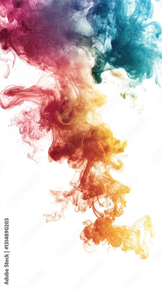 Obraz premium Colorful smoke plume rising against white background; abstract art, design element