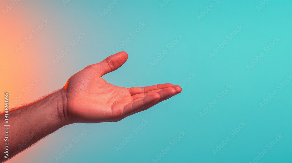 hand reaching out against minimalist ombre background, transitioning from deep orange to turquoise, evokes sense of invitation and openness hand reaching out against minimalist ombre background, transitioning from deep orange to turquoise, evokes sense of invitation and openness