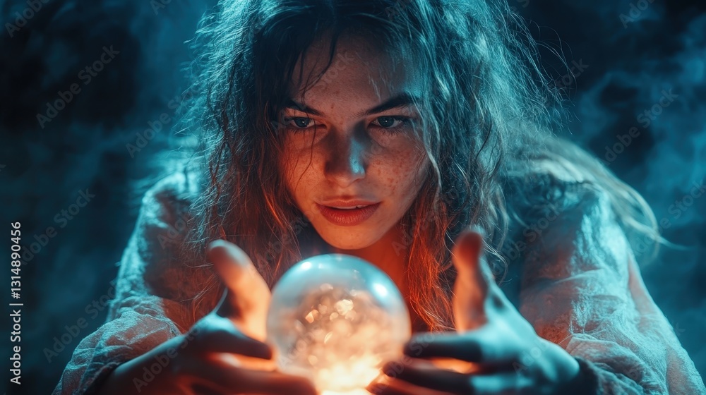 Naklejka premium A captivating scene of a mystical figure intensely focused on a glowing crystal ball, surrounded by ethereal smoke and an enchanting atmosphere, evoking a sense of magic and wonder.