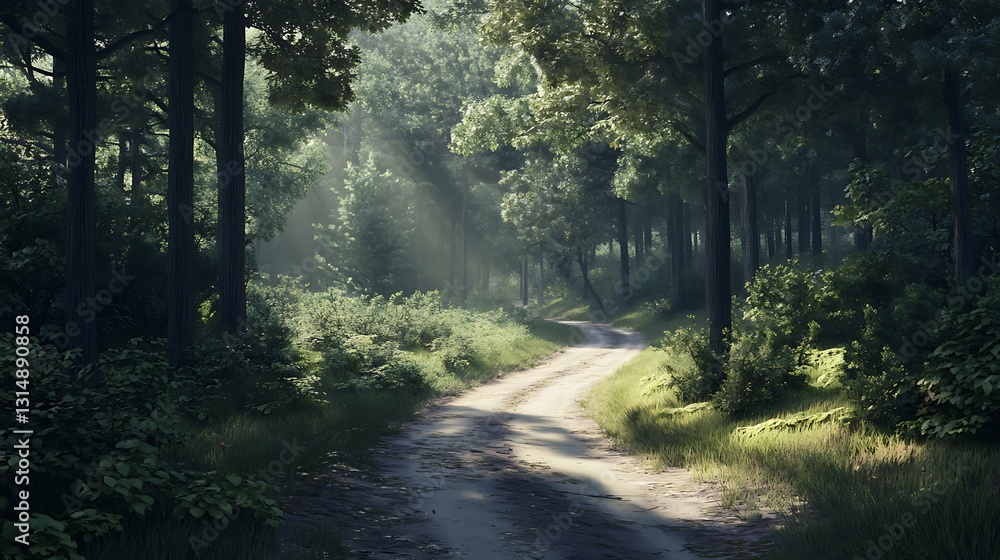 Obraz premium A serene forest path illuminated by soft sunlight filtering through the trees.