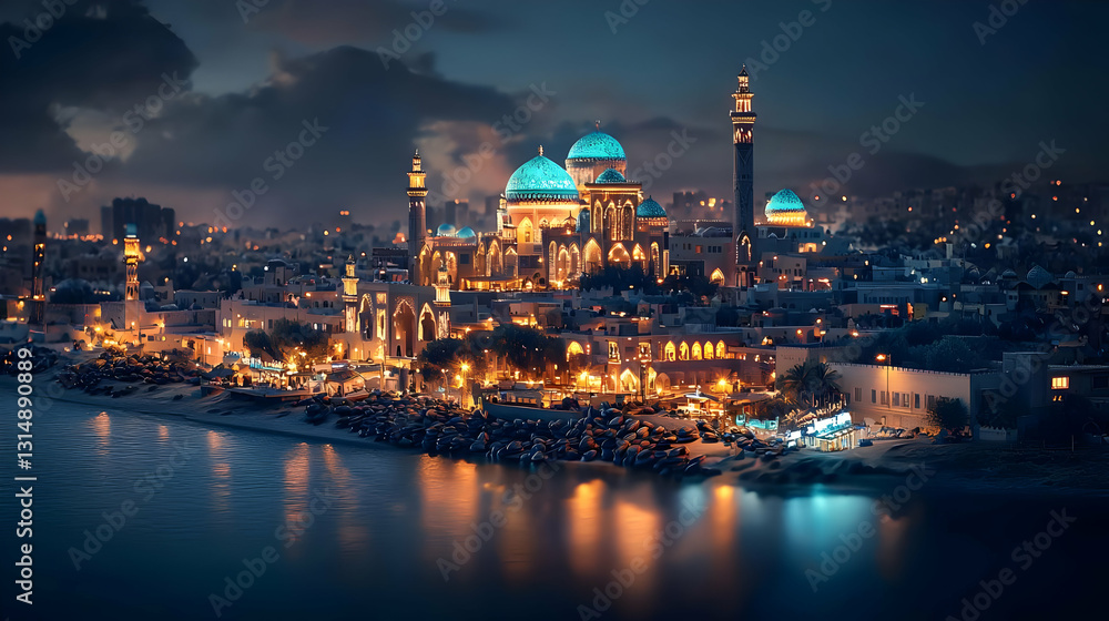 Fototapeta premium Illuminated Mosque at Night Reflected in the River with Cityscape in Background