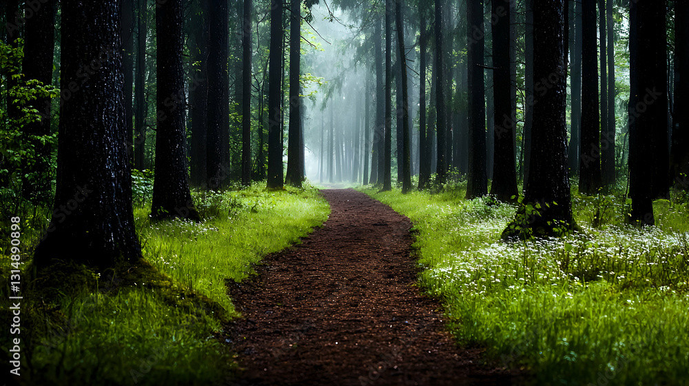 Obraz premium A pathway curves through a dense and misty forest scene