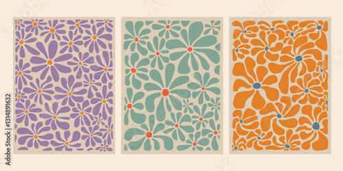 Abstract  floral posters set. Simple hand drawn naive flowers. Trendy decorative botanical elements perfect for modern interior design. Vector illustration