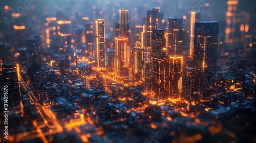 Illuminated cityscape at night urban environment digital art futuristic design aerial view technology concept