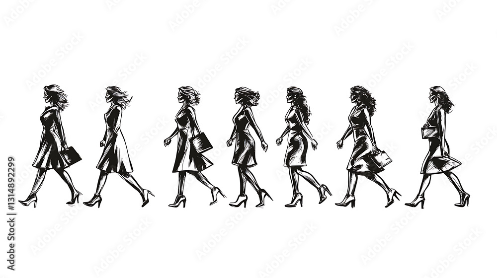 Obraz premium Ink drawing of women in dresses and heels walking in a row with handbags against a white background.