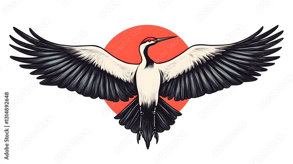 Fototapeta premium Stylized Japanese Crane Tattoo with Outstretched Wings Symbolizing Longevity and Good Fortune