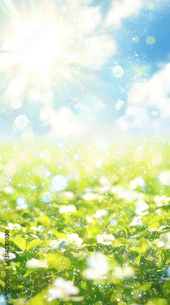 Fototapeta premium Sunny spring meadow, flowers blooming, bright sky, peaceful nature scene, ideal for spring backgrounds