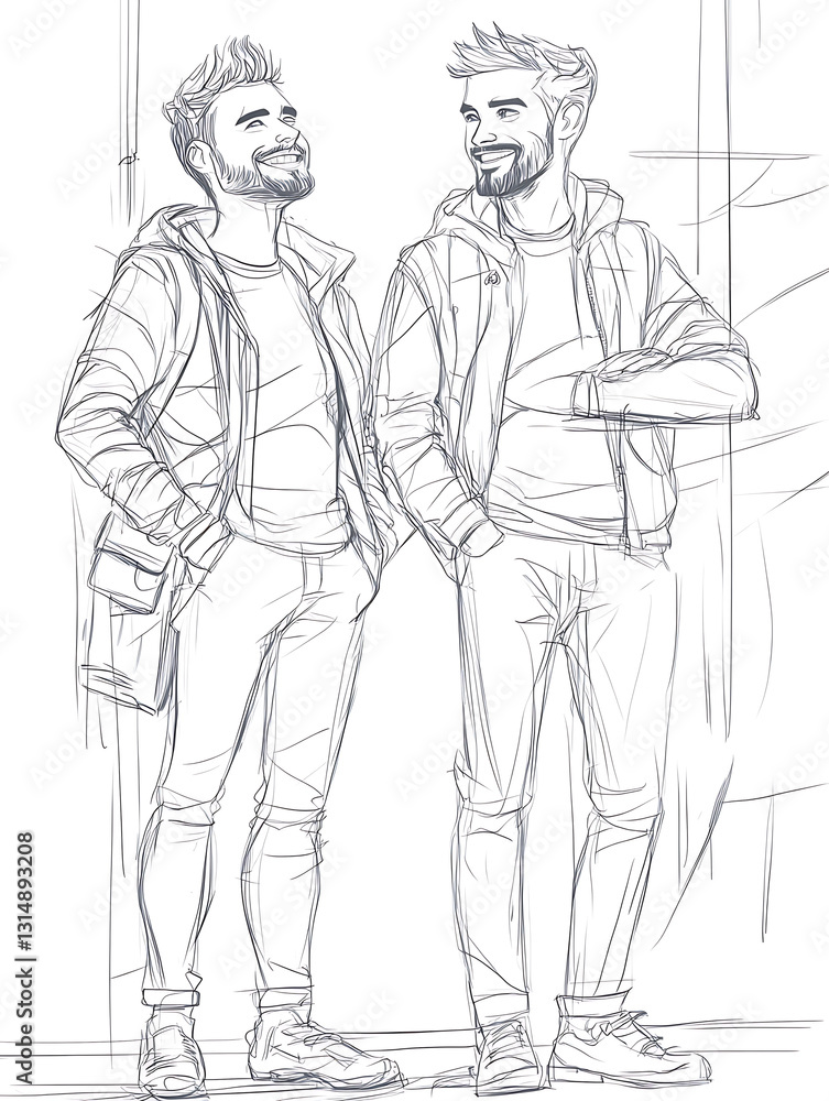 Sketch of two smiling young men standing side-by-side in casual clothing possibly twins with a lighthearted and cheerful ambiance.
