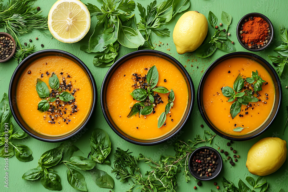 Three bowls of orange soup adorned with herbs and spices surrounded by fresh basil lemon halves and peppercorns on a green surface. Three bowls of orange soup adorned with herbs and spices surrounded by fresh basil lemon halves and peppercorns on a green surface.