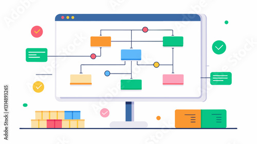 The whiteboard is covered in colorful diagrams and flowcharts explaining the fundamentals of coding logic.. Vector illustration