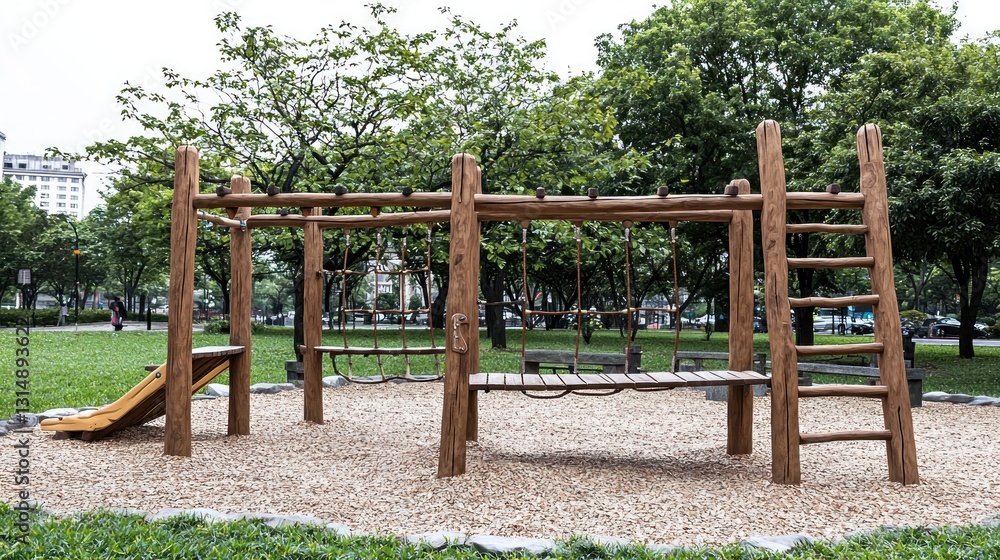 Wooden playground equipment in city park Wooden playground equipment in city park