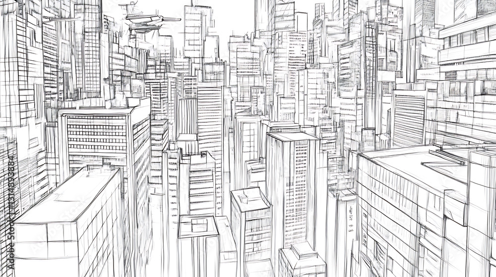 Architectural cityscape drawing showing many high-rise buildings and structures densely packed together in a futuristic design. Architectural cityscape drawing showing many high-rise buildings and structures densely packed together in a futuristic design.