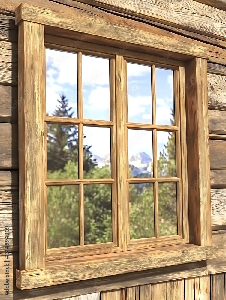 Fototapeta premium Rustic wooden window frame reflects a scenic mountain and forest view set in weathered log cabin wall.
