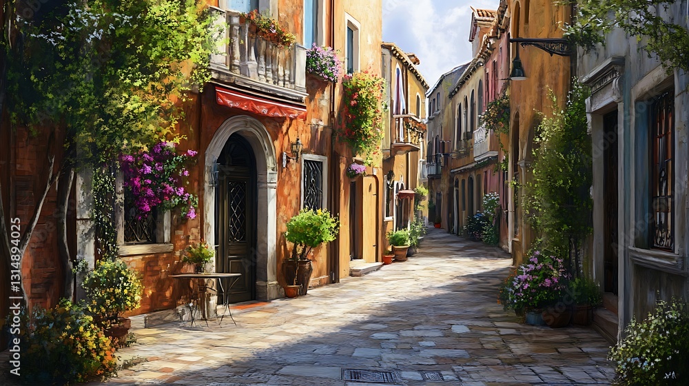 A charming cobblestone street lined with colorful buildings and vibrant flowers. A charming cobblestone street lined with colorful buildings and vibrant flowers.