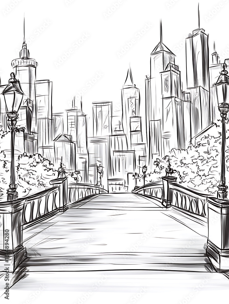 Fototapeta premium Urban Sketch: A bridge leads to a cityscape skyline with diverse skyscrapers and ornate streetlamps.