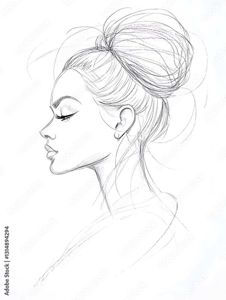 Elegant pencil sketch of a woman in profile featuring a high bun hairstyle and delicate facial features. Elegant pencil sketch of a woman in profile featuring a high bun hairstyle and delicate facial features.