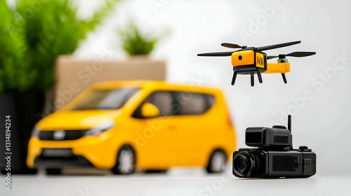 A yellow car a drone and a camera are pictured together