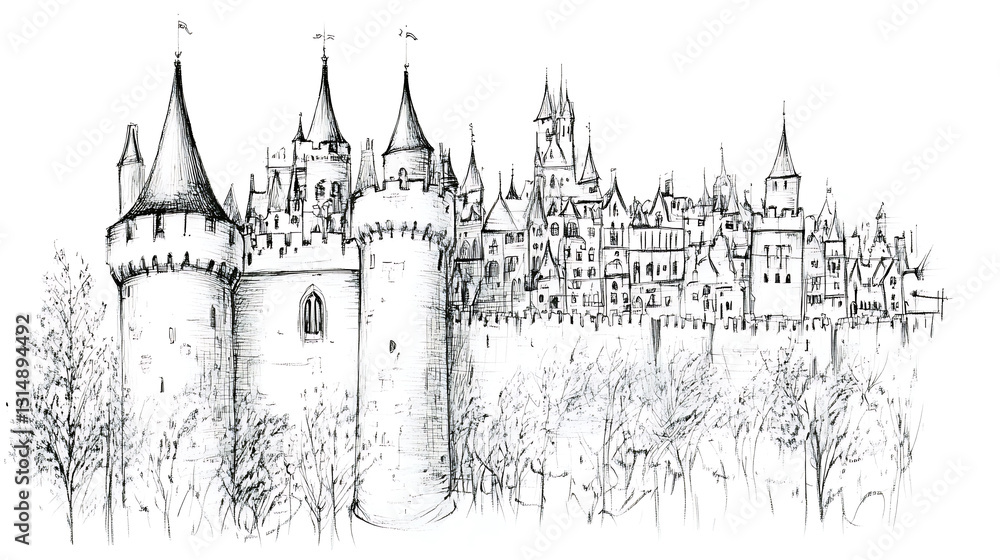 Fototapeta premium Detailed pen and ink drawing of a medieval castle and town behind a high stone wall surrounded by bare trees.