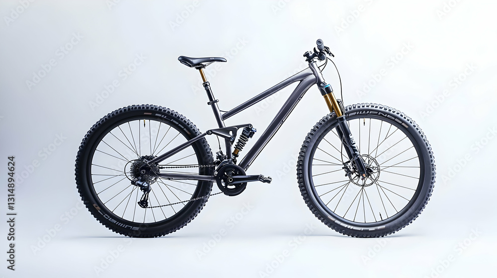 Gray Mountain Bike With White Details and Black Tires on Plain Light Gray Backdrop With Bright Studio Lighting Gray Mountain Bike With White Details and Black Tires on Plain Light Gray Backdrop With Bright Studio Lighting