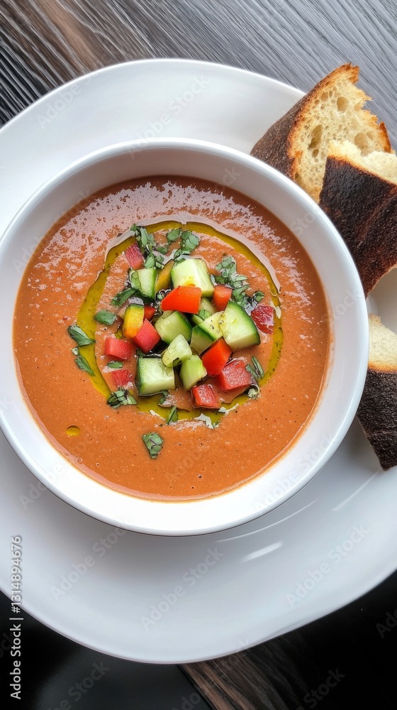 A bowl of cool gazpacho, garnished with fresh vegetables and herbs, perfect for a refreshing summer meal, served with croutons on the side, traditional Spanish dish A bowl of cool gazpacho, garnished with fresh vegetables and herbs, perfect for a refreshing summer meal, served with croutons on the side, traditional Spanish dish