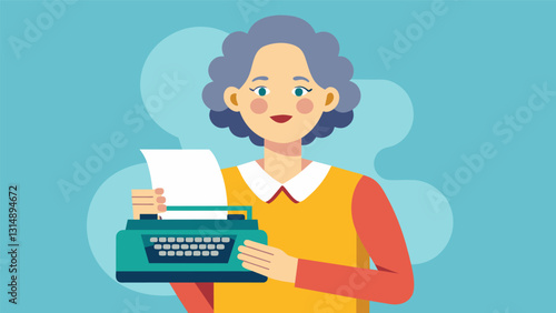 A woman in her 60s proudly shows off her newly restored vintage typewriter a hobby she had given up during her busy years of parenthood.. Vector illustration