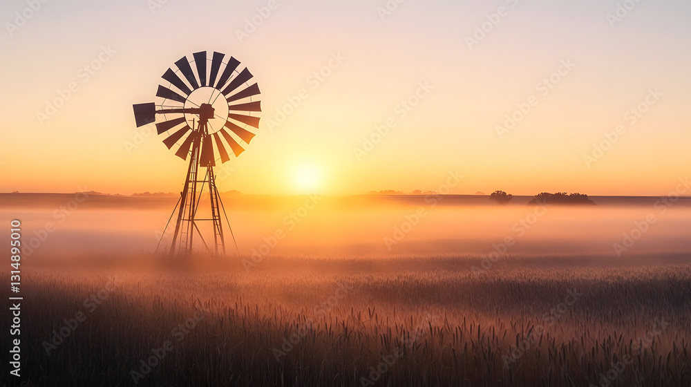 A windmill standing tall above fog-covered wheat fields at dawn. A windmill standing tall above fog-covered wheat fields at dawn.