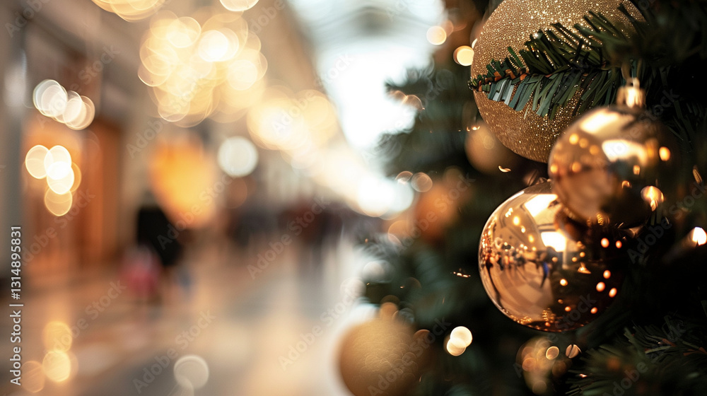 Christmas tree with golden ornaments in festive setting. Christmas tree with golden ornaments in festive setting.