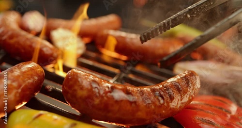 Extreme close-up view of an unrecognizable chef flipping sausages with tong, super slow-motion footage