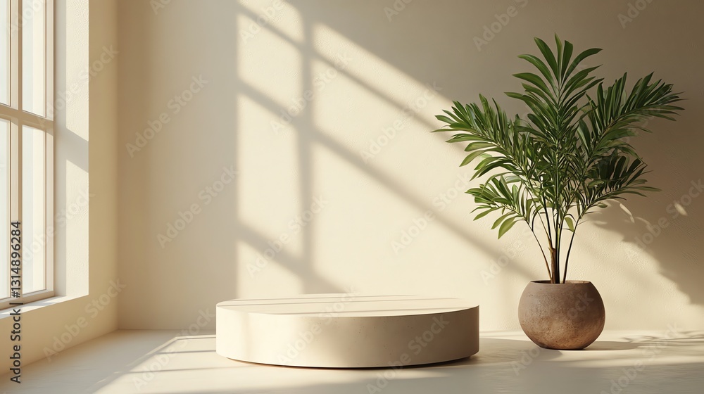 Display Podium and Plant in Room with Window and Sunlight Display Podium and Plant in Room with Window and Sunlight