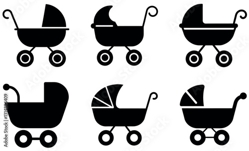 Simple black and white baby stroller icons set.