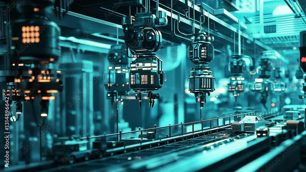 Futuristic Automated Factory with Suspended AI-Powered Robotics in a High-Tech Cybernetic Production Line Futuristic Automated Factory with Suspended AI-Powered Robotics in a High-Tech Cybernetic Production Line