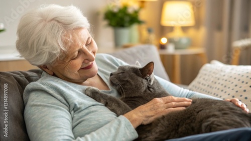 Senior happiness with cat care at home, caring moment between elderly woman and her cat. Elderly woman smiles warmly while touching her cat in a cozy setting.
