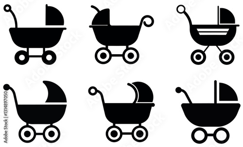 Simple black and white baby stroller icons set.