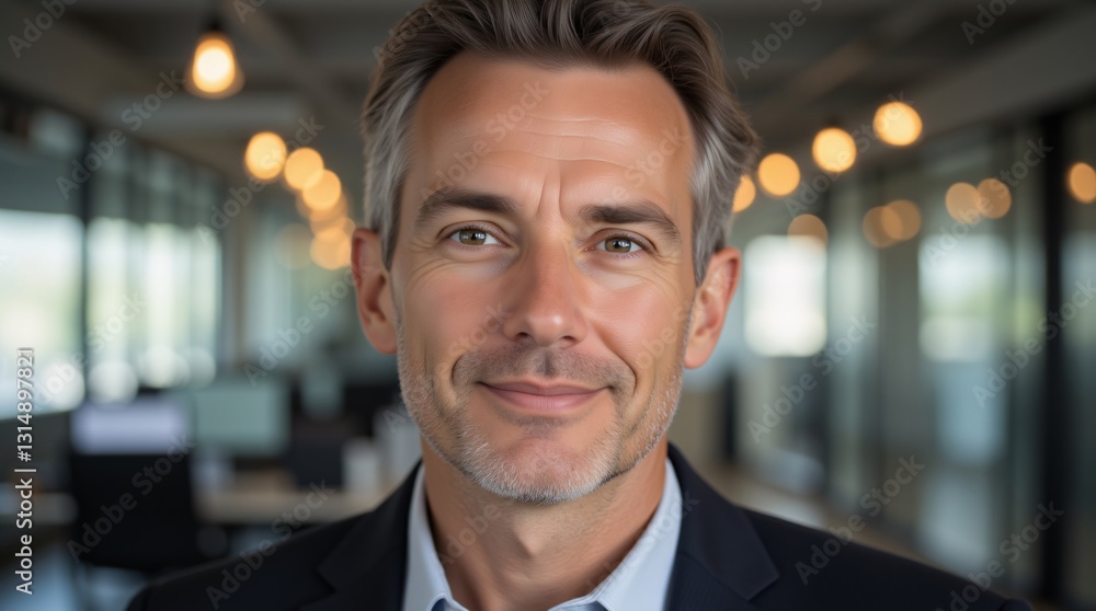 Fototapeta premium Portrait of a mature, confident businessman with a subtle smile, set against a softly blurred office backdrop. His gaze is direct, conveying professionalism and approachability.