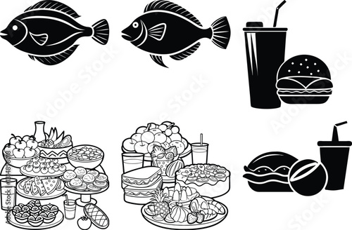 Black and White Food Icons: Fish, Burgers, Drinks, Cakes, and Assorted Dishes - Vector Illustration for Culinary Designs