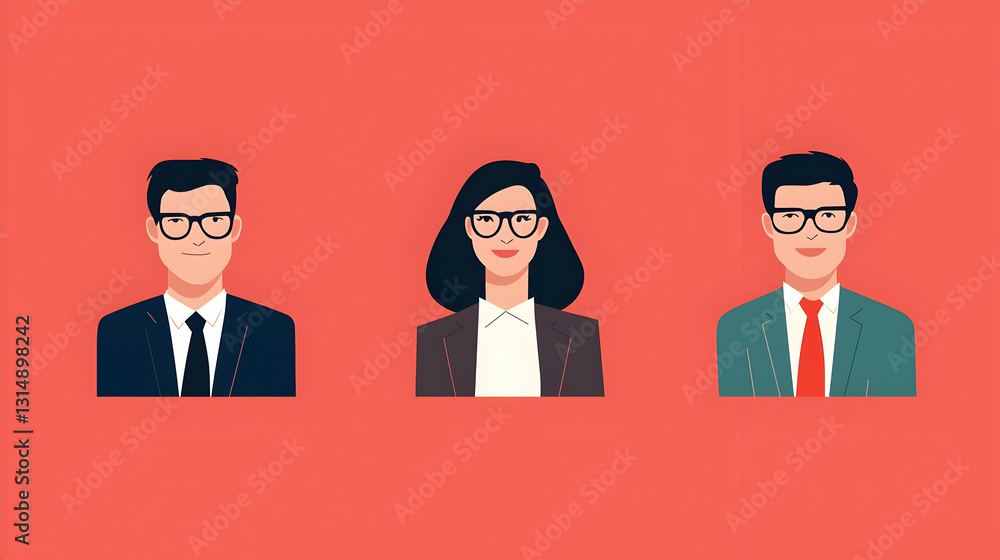 Three Business People with Glasses on Orange Background