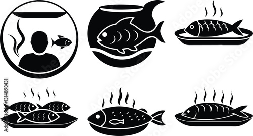 Black & White Fish Icons: Aquarium, Bowl, Cooked Fish on Plate - Vector Illustration of Seafood & Pets for Graphic Design Projects