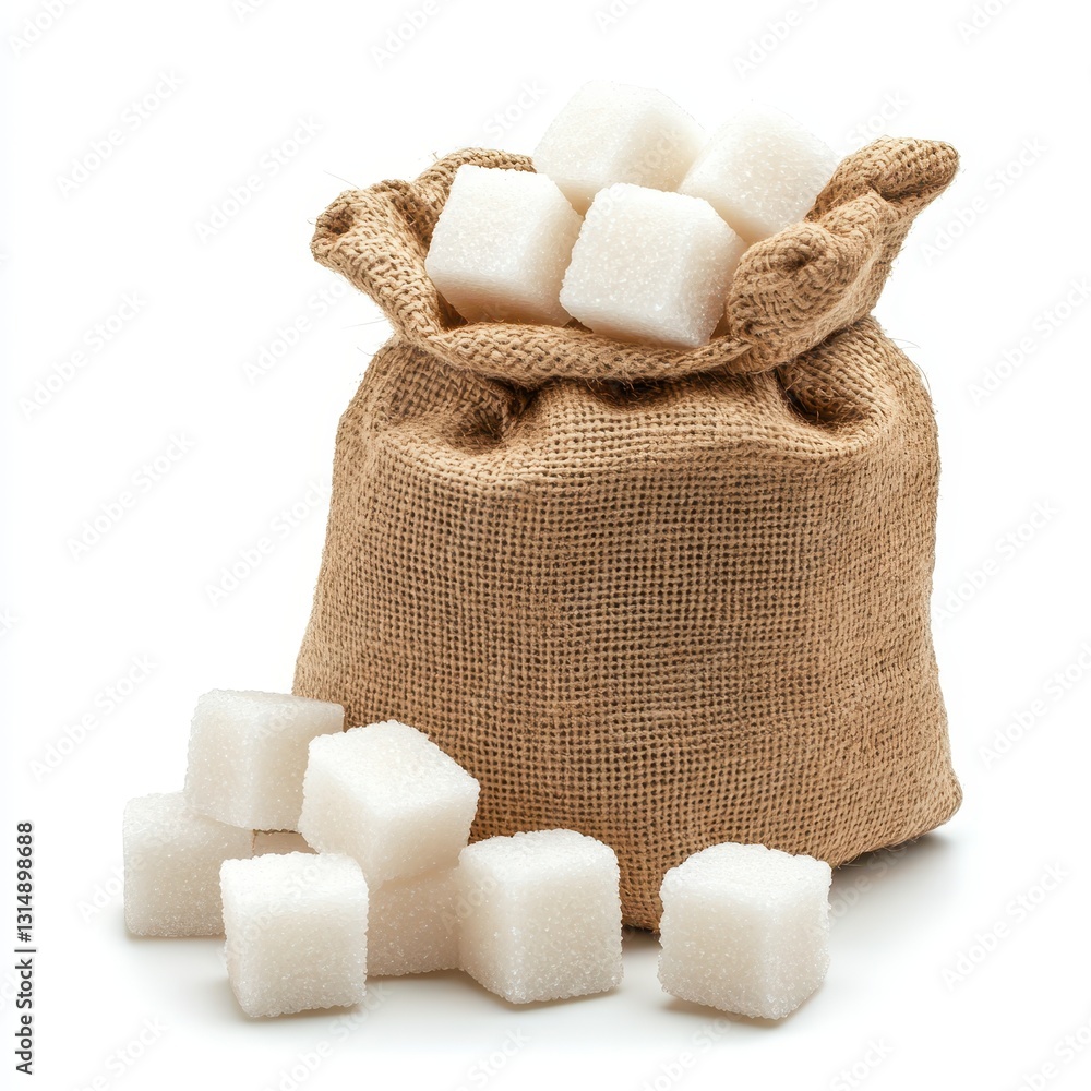 White Sugar Cubes in a Jute Sack with Loose Cubes Displayed on a White Background, Perfect for Culinary and Beverage Concepts