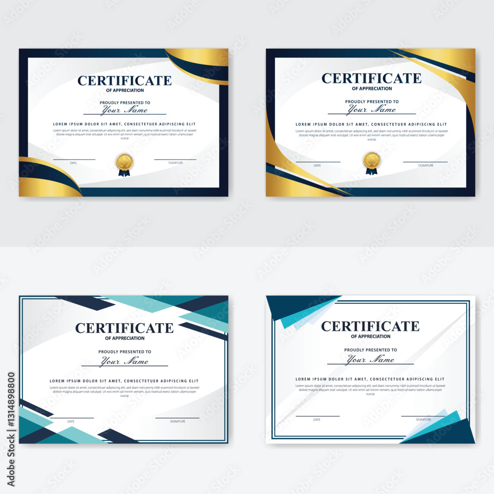 Obraz premium Four elegant certificate templates; gold, blue, teal design; white background; award document