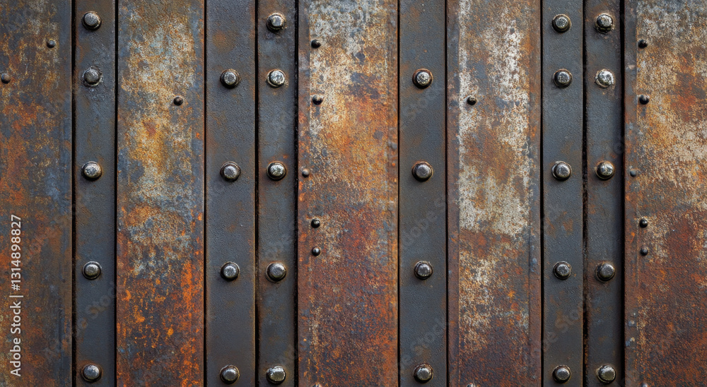 Fototapeta premium A weathered wall constructed from horizontal metal panels showcases an array of rust and wear, featuring visible rivets and unique textures that illustrate its age and exposure to elements