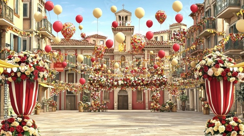 Festive Italian Square Decorated with Balloons and Flowers