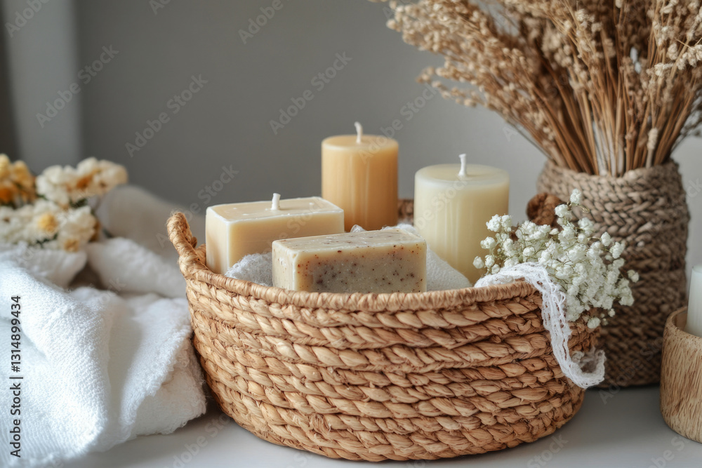 A sustainable gift set featuring handmade soaps, beeswax candles, and organic skincare, elegantly arranged in a woven basket with soft lighting and a clean white backdrop A sustainable gift set featuring handmade soaps, beeswax candles, and organic skincare, elegantly arranged in a woven basket with soft lighting and a clean white backdrop