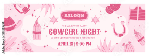 horizontal banner for a cowgirl-themed party featuring pink-toned illustrations of a hat, lantern, dynamite, horseshoe, saloon sign, sheriff badges, cacti, and decorative text on a light background.
