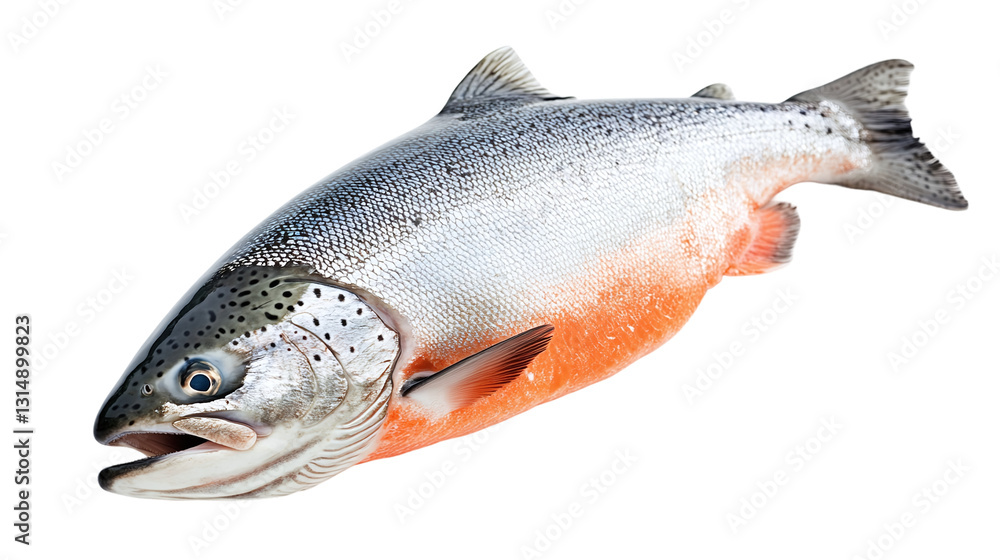 Naklejka premium Orange-grey salmon fish animal isolated on transparent background, featuring fresh raw ocean food, highlighting marine aquatic wildlife and its healthy omega-rich properties.