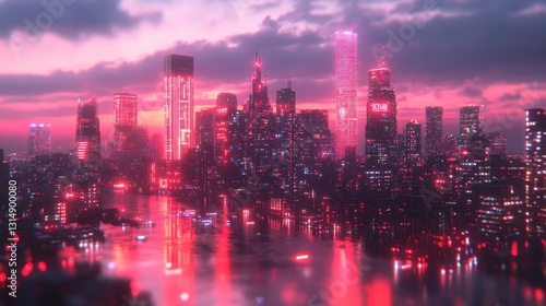 Wallpaper Mural Vibrant sunset over futuristic city skyline urban landscape aerial view neon lights serene atmosphere Torontodigital.ca